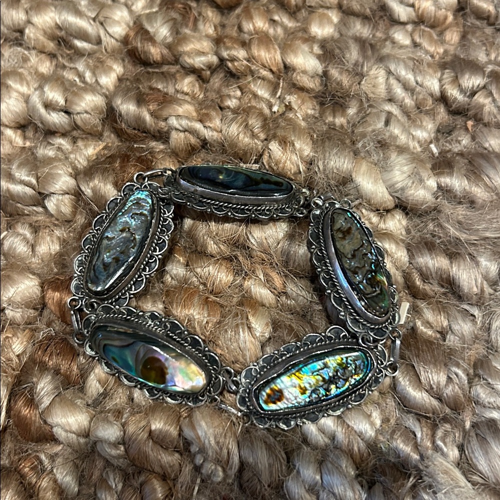 Non Signe Abalone Shell Oval Flat Cab Silver 925 Bracelet